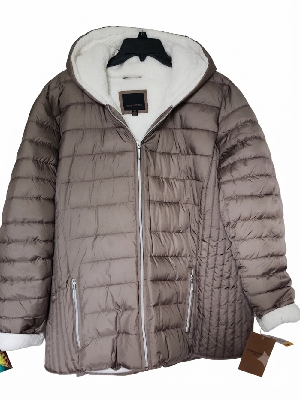 91-NWT -Weatherproof Women's Hooded Puffer Coat - Taupe with Cream Sherpa (3X)